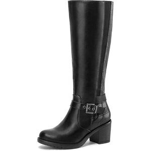 Women's Knee High Boots Chunky Block Heels Side Zipper Stretchy Elastic Panels